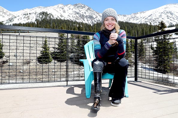 Adaptive snowboarder, Paralympian, motivational speaker and actress Amy Purdy poses for a portrait while snowboarding at Arapahoe Basin