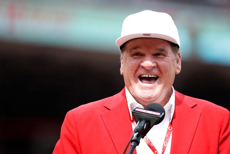 The late Cincinnati Reds great, Pete Rose, reacts during a statue dedication ceremony prior to a game against the Los Angeles Dodgers at Great American Ball Park on June 17, 2017 in Cincinnati, Ohio.
