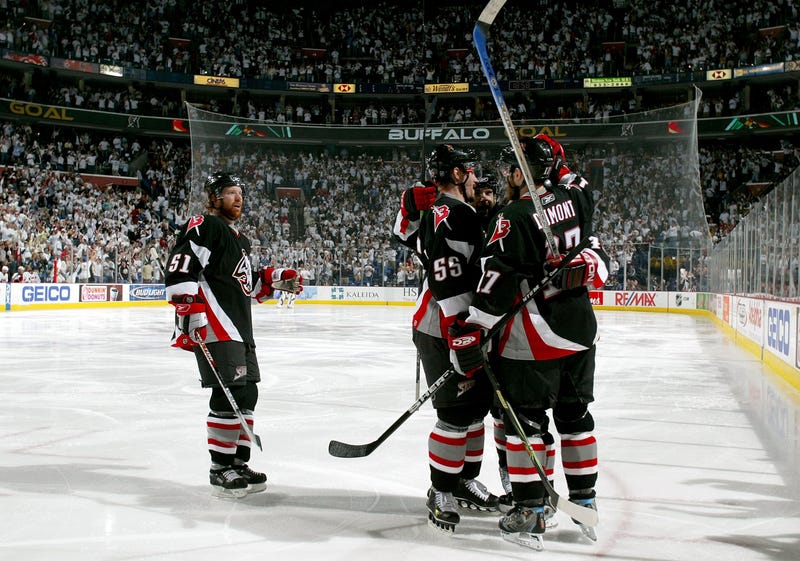 JP Dumont celebrates with teammates in front of a sold out crowd in Buffalo