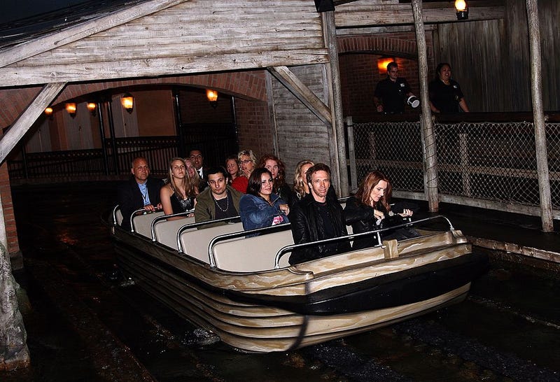 Producer Jerry Bruckheimer (L) and his wife Linda exit the ride at the after party for the world premiere of "Pirates of the Caribbean 2: Dead Man's Chest" held at Disneyland on June 24, 2006 in Anaheim, California.