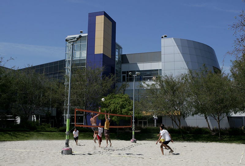 Google employees play volleyball on the company campus at Google Press Day 2006 May 10, 2006 in Mountain View, California.