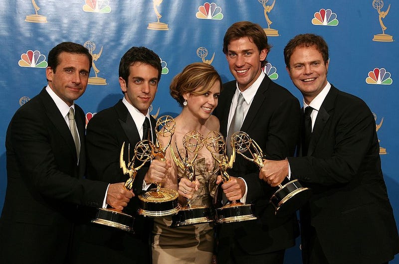 Actor Steve Carell, actor B.J. Novak, actress Jenna Fischer, actor John Krasinski and actor Rainn Wilson poses in the press room after winning "Outstanding Comedy Series" for "The Office 