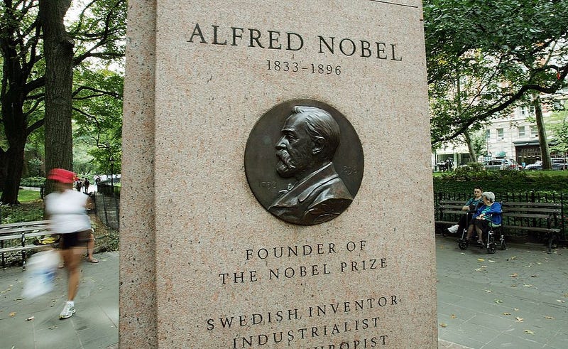A monument to Nobel Prize founder Alfred Nobel stands October 4, 2006 in New York City.