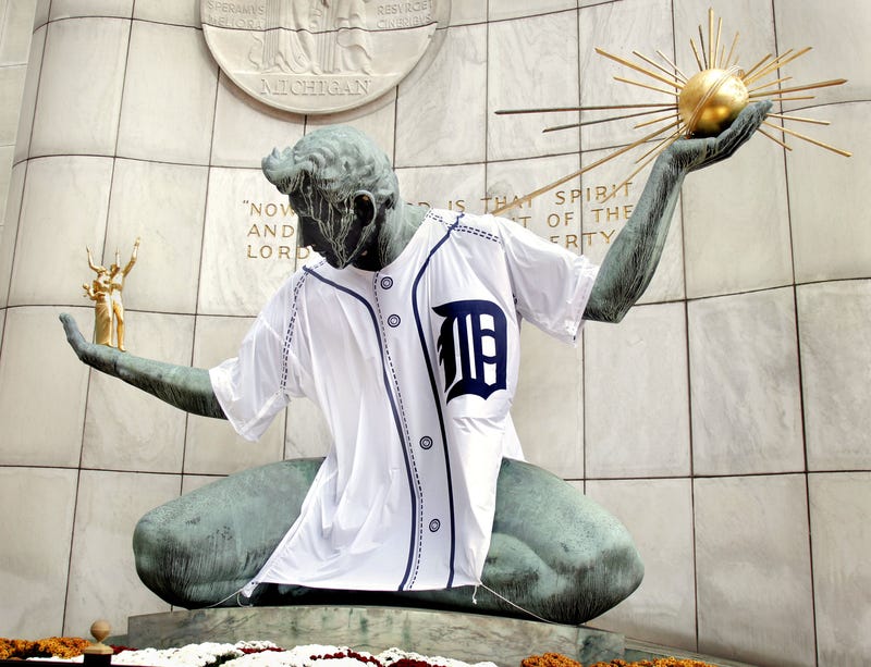 Spirit of Detroit wearing a Tigers uniform