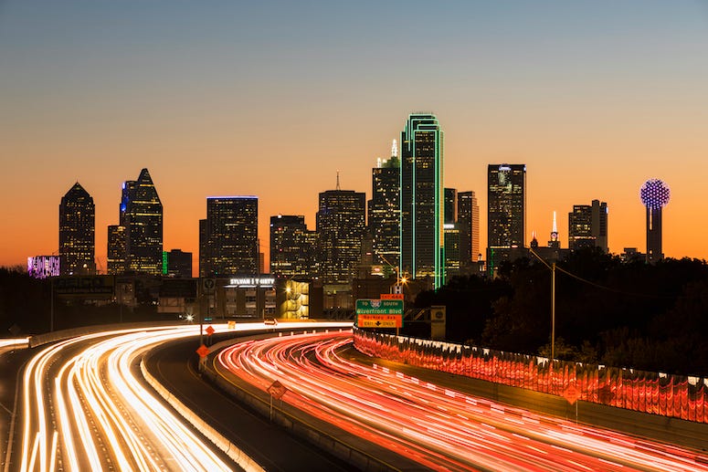 Tom Landry Freeway at sunset, Dallas, Texas