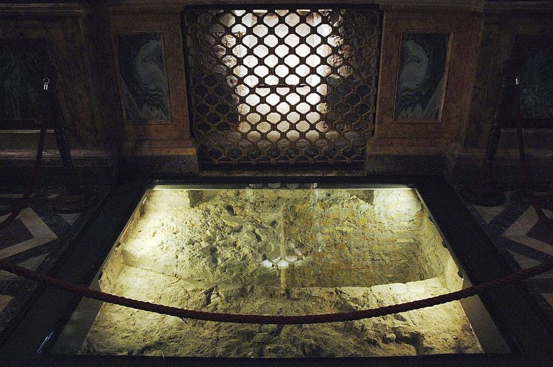 A view of the sarcophagus that archaeologists working for the Vatican have unearthed containing what they believe are the remains of St Paul the Apostle lies under the main altar of the Basilica of St. Paul Outside-the-Walls on December 12, 2006 in Rome, Italy.