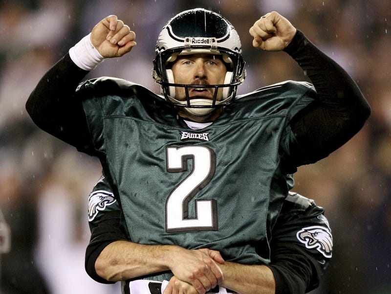 David Akers of the Philadelphia Eagles celebrates his game-winning field goal with three seconds left in the fourth quarter to defeat the New York Giants 23-20 in their NFC Wildcard Playoff game on Jan. 7, 2007 at Lincoln Financial Field in Philadelphia, Pennsylvania.
