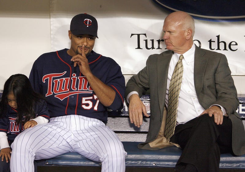 Twins General Manager Terry Ryan and pitcher Johan Santana get ready for the Cy Young Award presentation April 14, 2007 at the Metrodome.