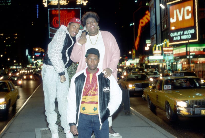 KRS-One and D-Nice pose with other members of Boogie Down Productions in Times Square in 1988