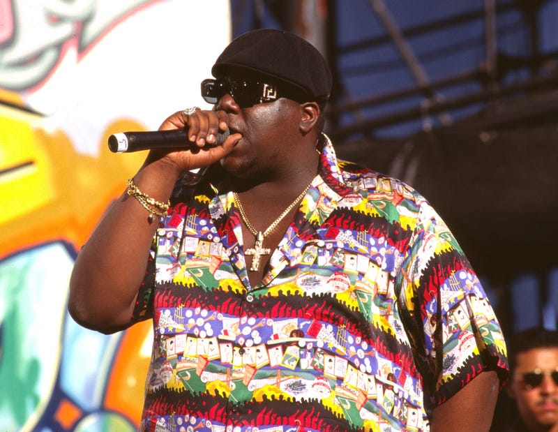 The Notorious B.I.G. performs at 92.3 The Beat Summer Jam on August 13, 1995 at the Irvine Meadows Amphitheatre in Irvine, California.