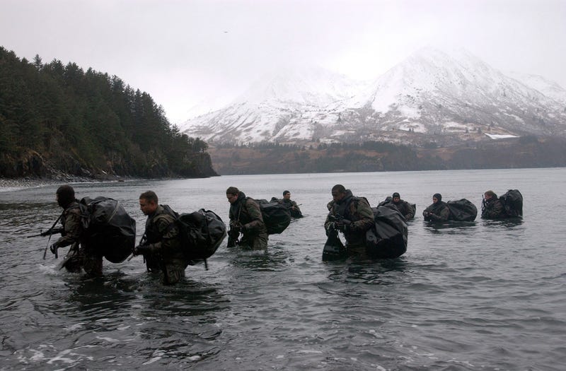 Navy SEALs perform Advanced Cold Weather training to experience the physical stress of the environment and how their equipment will operate, or even sound, in adverse conditions December 14, 2003 in Kodiak, Alaska.