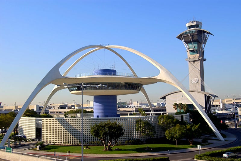 An undated photo of The tower and main entrance to LAX airport in Los Angeles, California. Among the design staff on LAX's Theme Building was noted African American architect Paul Revere Williams.