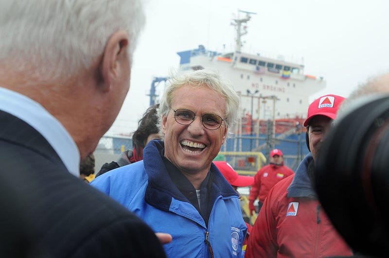 Citizens Energy Chairman Joseph Kennedy smiles upon his arrival in Citgo Braintree Terminal after entering into Boston Harbor aboard the MS Simon, which was transporting low cost heating oil, December 10, 2007 in Braintree, Massachusetts.