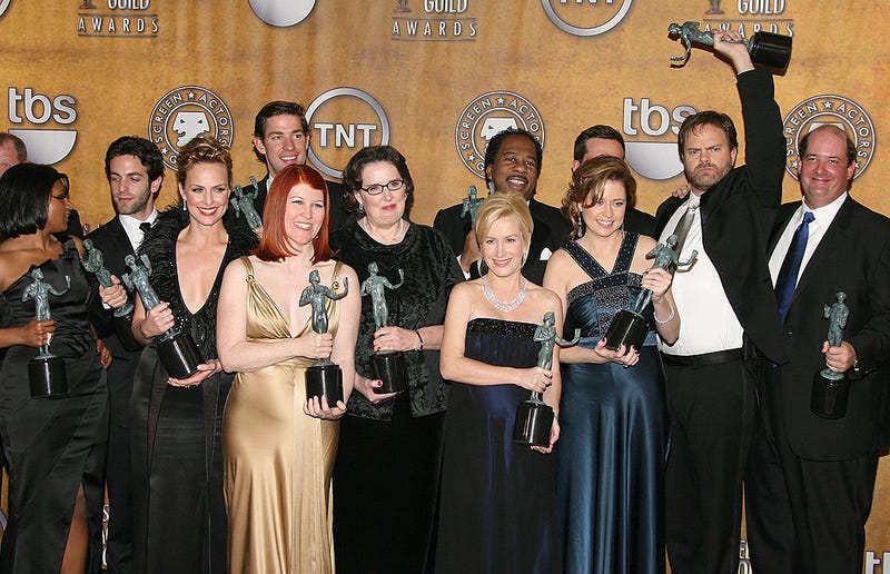 The cast of the TV show "The Office" poses in the press room during the 14th annual Screen Actors Guild awards held at the Shrine Auditorium on January 27, 2008 in Los Angeles, California.