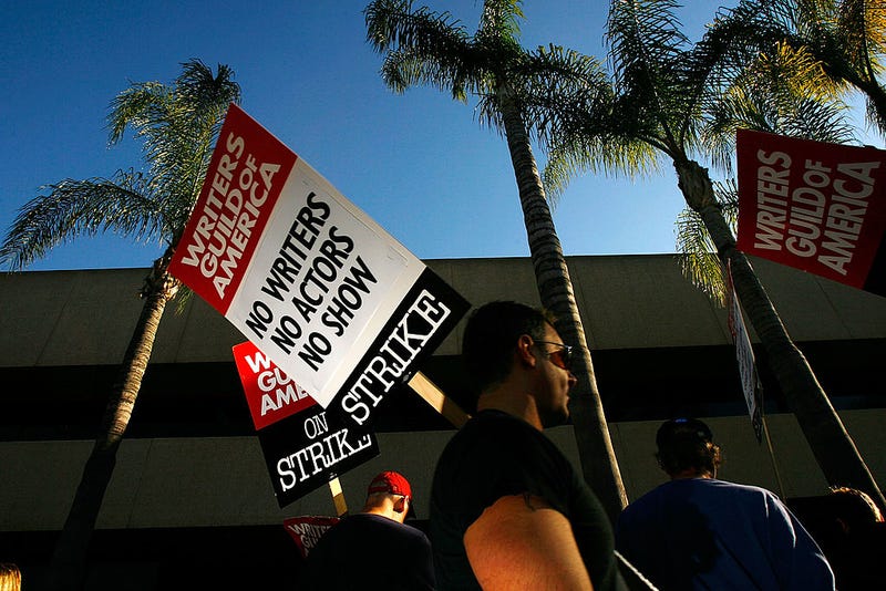 BURBANK, CA - FEBRUARY 08: Writers Guild of America members and supporters picket in front of NBC studios as hope grows that a draft copy of a proposed deal with Hollywood studios being completed today could lead to an end to the three-month old Hollywood writers strike within days, on February 8, 2008 in Burbank, California.