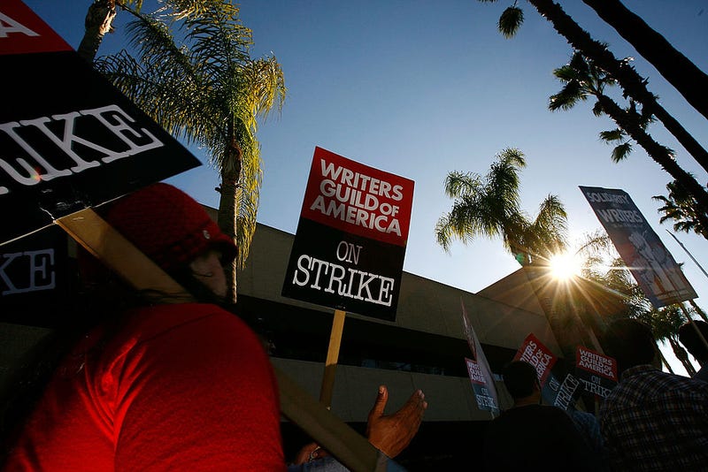BURBANK, CA - FEBRUARY 08: Writers Guild of America members and supporters picket in front of NBC studios as hope grows that a draft copy of a proposed deal with Hollywood studios being completed today could lead to an end to the three-month old Hollywood writers strike within days, on February 8, 2008 in Burbank, California. 