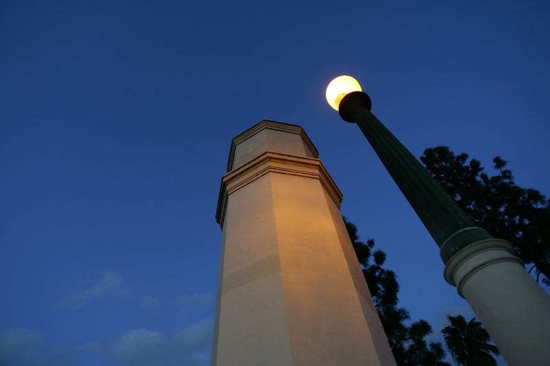 Night falls at the Glendale-Hyperion Bridge, which crosses the Los Angeles River, on February 20, 2008 in Los Angeles, California.