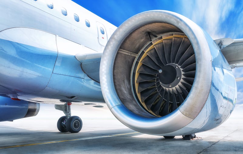 A jet engine at an airport.