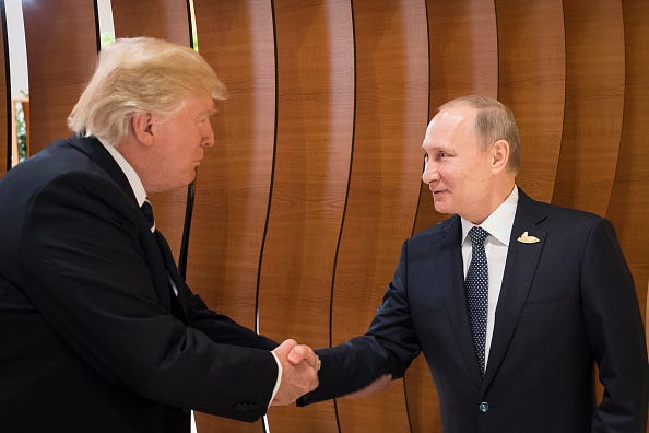 In this photo provided by the German Government Press Office (BPA) Donald Trump, President of the USA (left), meets Vladimir Putin, President of Russia (right), at the opening of the G20 summit on July 7, 2017 in Hamburg, Germany. 