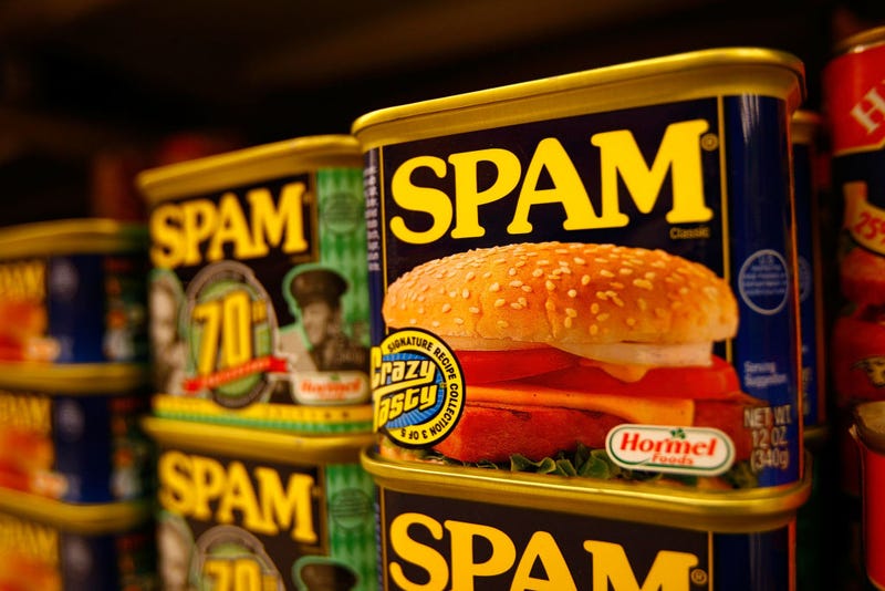 Spam, the often-maligned classic canned lunch meat made by Hormel Foods, is seen on a grocery store shelf May 29, 2008 in Sierra Madre, California.