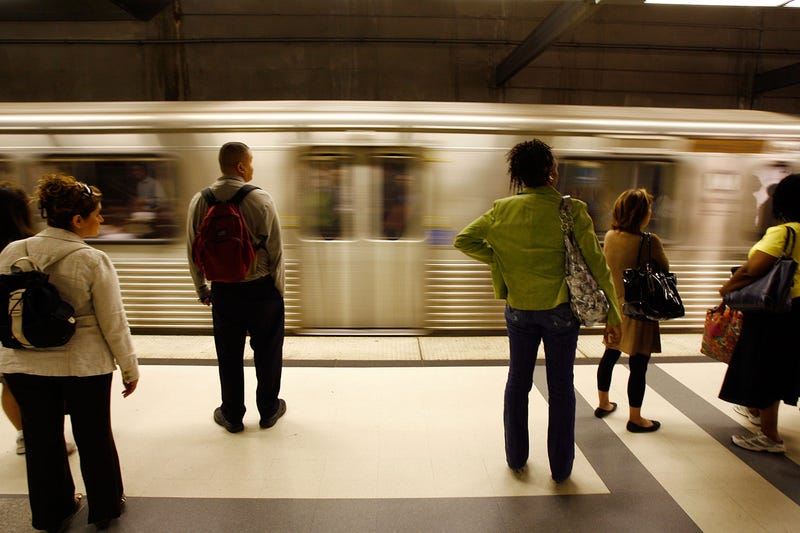 Passengers wait for Metro Rail subway trains during rush hour June 3, 2008 in Los Angeles, California.