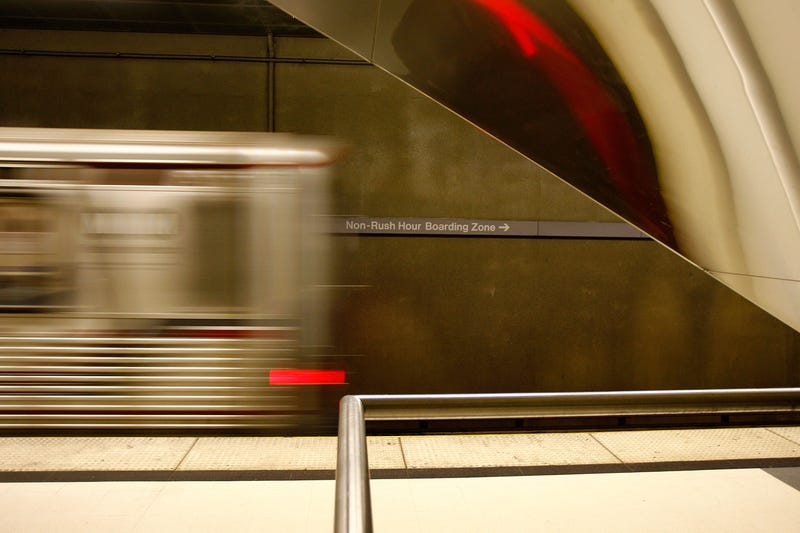 Metro Rail subway trains speed by during rush hour June 3, 2008 in Los Angeles, California