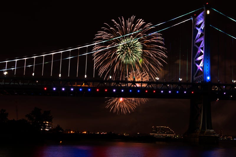 City hall in Philadelphia, PA, USA and fireworks - stock photo