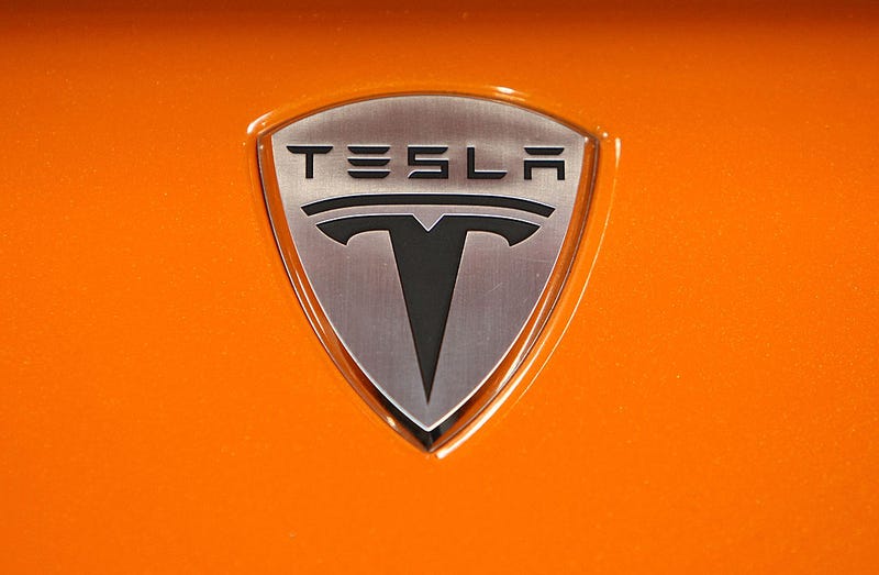 The Tesla Motors is seen on the hood of a Tesla Roadster after a news conference with California governor Arnold Schwarzenegger June 30, 2008 at Tesla Motors in San Carlos, California.