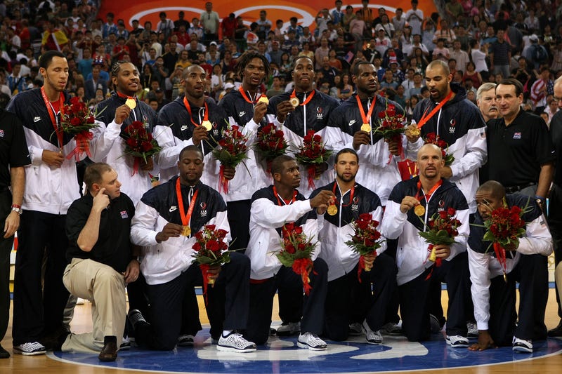 The United States poses after receiving the gold medal in men's basketball after defeating Spain during Day 16 of the Beijing 2008 Olympic Games at the Beijing Olympic Basketball Gymnasium on August 24, 2008 in Beijing, China.