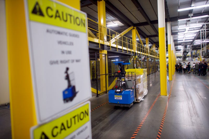 A caution sign at the Amazon Fulfillment Center on August 2, 2017 in Robbinsville, New Jersey.