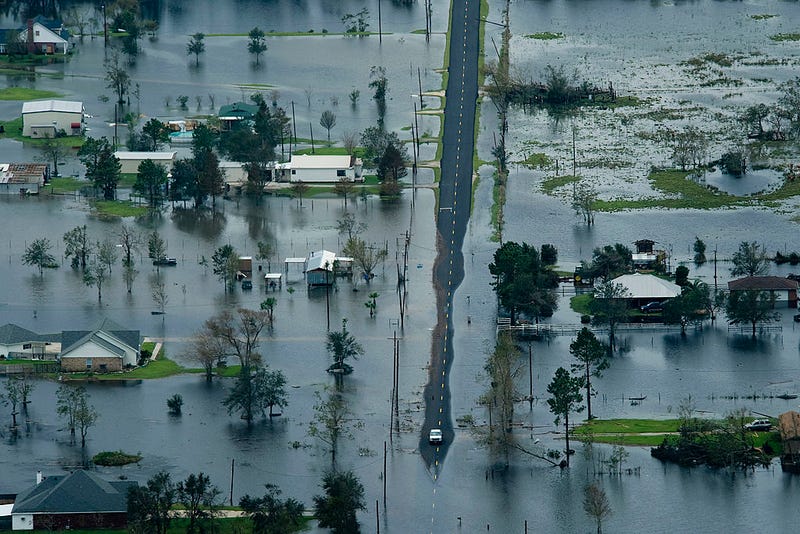 Floodwaters from Hurricane Ike surround houses September 14, 2008 near Winnie, Texas. 