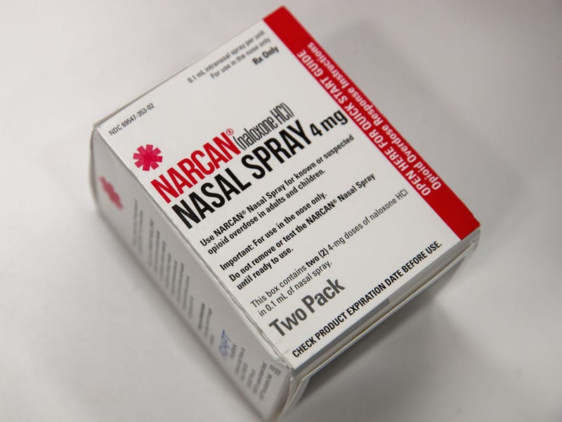 In this photo illustration, a package of NARCAN (Naloxone) nasal spray sits on the counter at a Walgreens pharmacy, August 9, 2017 in New York City.