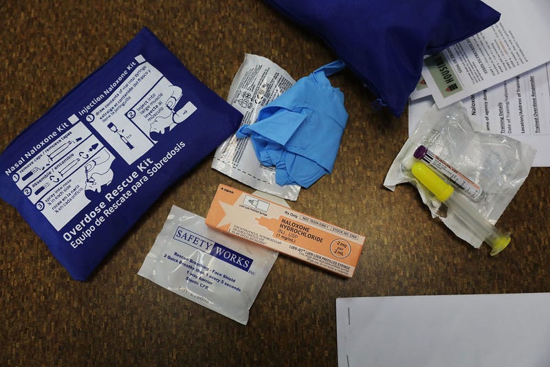 The contents of an overdose rescue kit are displayed in a class on overdose prevention held by non-profit Positive Health Project, holds up an overdose rescue kit after completion of the class on August 9, 2017 in New York City.