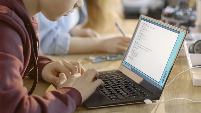 A child works on their laptop.