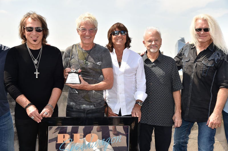  Dave Amato, Kevin Cronin, Bryan Hitt, Neal Doughty and Bruce Hall attend REO Speedwagon Receives RIAA Diamond Award For "Hi Infidelity" at Sony Music on August 17, 2017 in New York City.