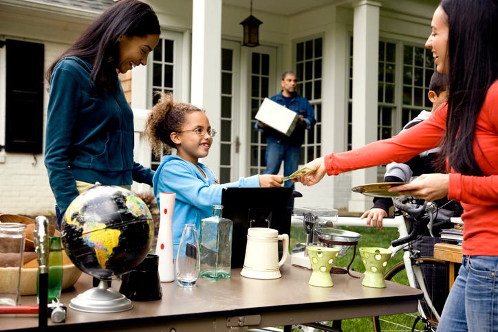 family having yard sale