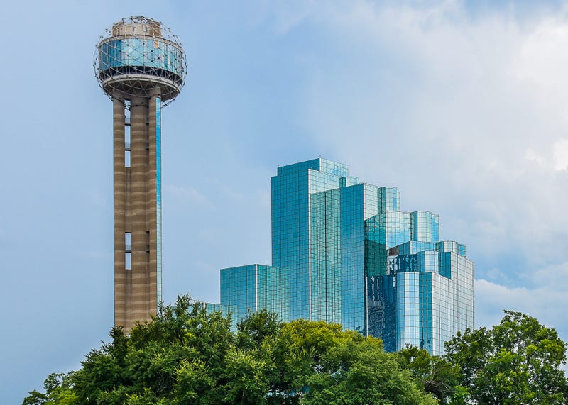 Reunion Tower rises above the Hyatt Regency Dallas