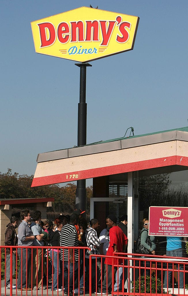 Denny's customers wait in line to get a free breakfast February 3, 2009 in Emeryville, California. 