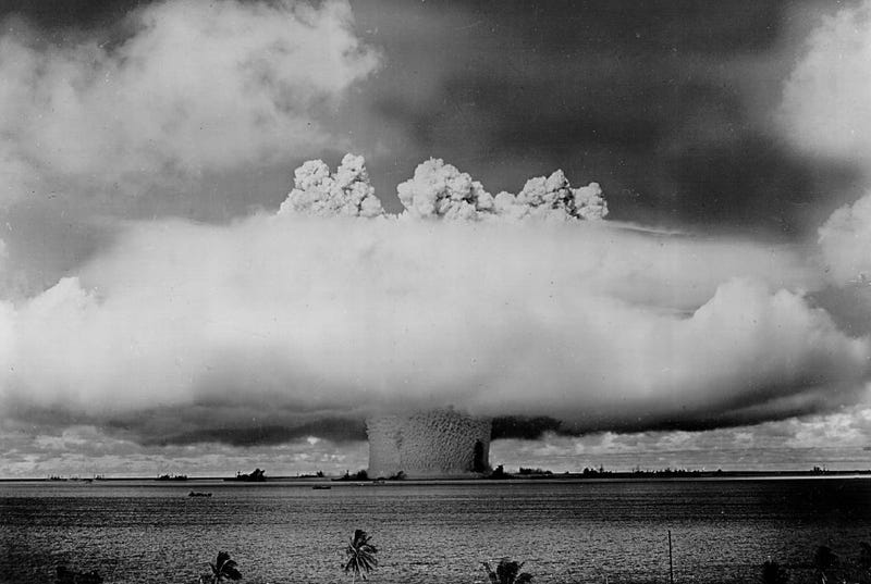 379631 08: Atomic cloud rises July 25, 1946 during the "Baker Day" blast at Bikini Island in the Pacific. (Photo by National Archive/Newsmakers)