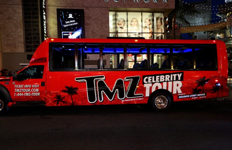 TMZ Celebrity Tour Bus sits parked outside the Dolby Theatre in Hollywood, California on September 10, 2017.