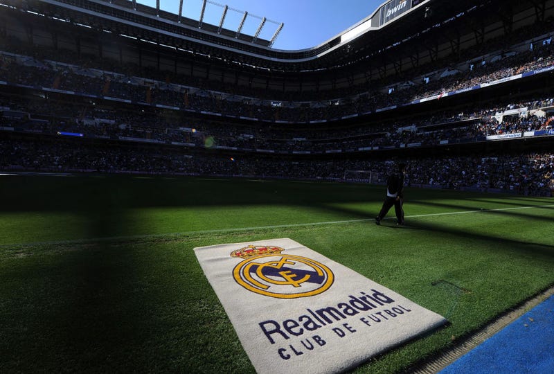 The Real Madrid emblem at the Santiago Bernabeu stadium