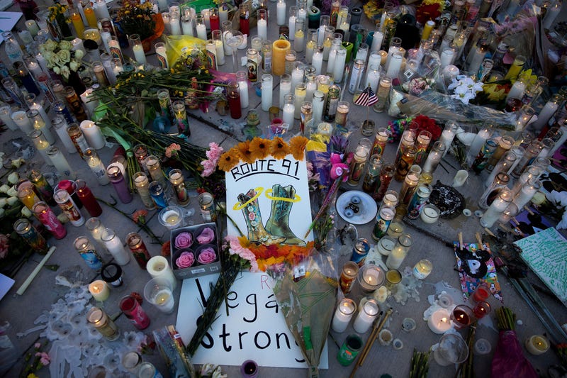 A makeshift memorial for the victims of Sunday night's mass shooting stands at an intersection on the north end of the Las Vegas Strip, October 3, 2017 in Las Vegas, Nevada.