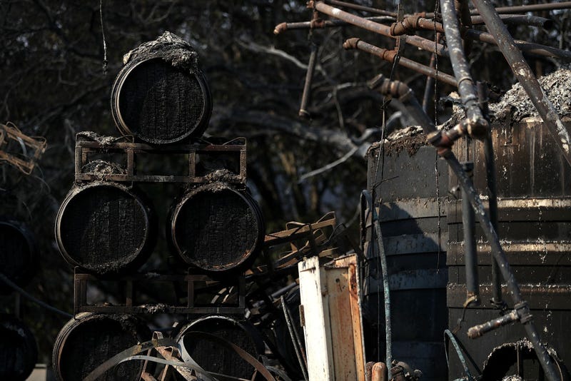Charred wine barrells sit on racks at Paradise Ridge Winery after being destroyed by the Tubbs Fire on October 11, 2017 in Santa Rosa, California.