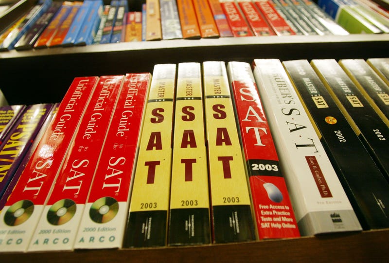 SAT test preparation books sit on a shelf at a Barnes and Noble store in New York City. 