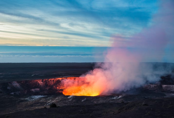 Fire and steam erupting from Kilauea Crater at Hawaii Volcanoes National Park.