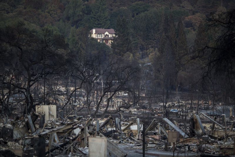 The ruins of houses destroyed by the Tubbs Fire are seen near Fountaingrove Parkway on October 14, 2017 in Santa Rosa, California.
