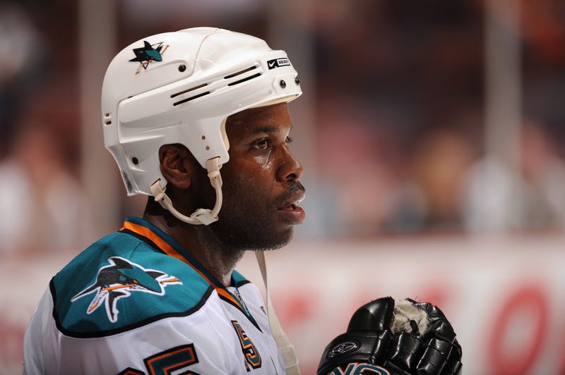 Mike Grier #25 of the San Jose Sharks looks on against the Anaheim Ducks during Game Three of the Western Conference Quarterfinal Round of the 2009 Stanley Cup Playoffs at Honda Center on April 21, 2009 in Anaheim, California.