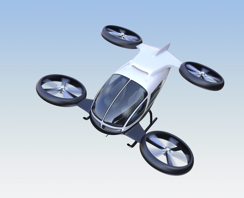 Front view of self-driving passenger drone flying in the sky. 3D rendering image.