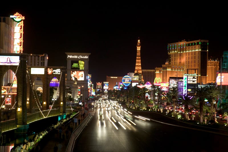 Las Vegas stock photo, Cars driving down the Las Vegas Strip at night.