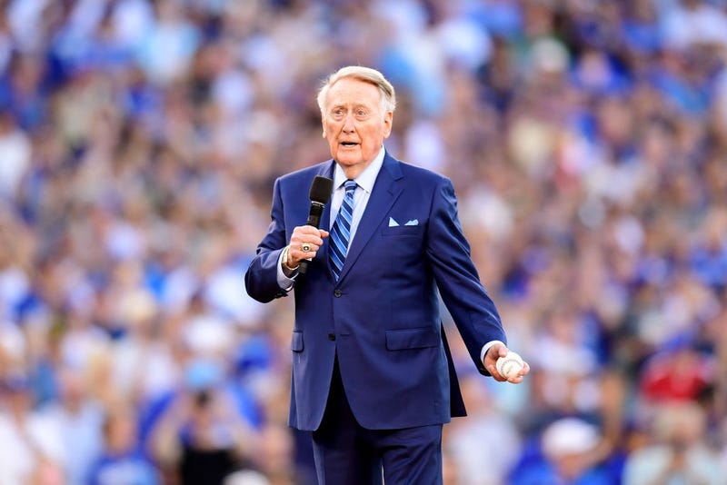 Former Los Angeles Dodgers broadcaster Vin Scully addresses fans before game two of the 2017 World Series between the Houston Astros and the Los Angeles Dodgers at Dodger Stadium on October 25, 2017 in Los Angeles, California.